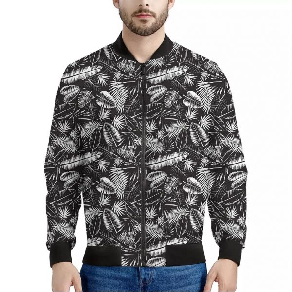 Black And White Tropical Palm Leaf Print Bomber Jacket