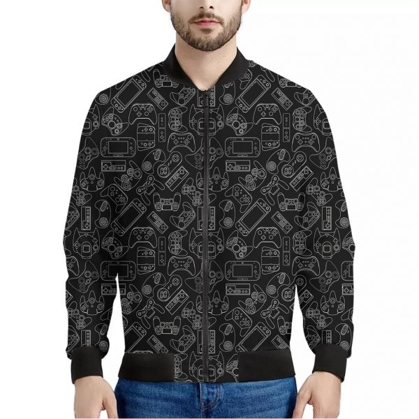 Black And White Video Game Pattern Print Bomber Jacket