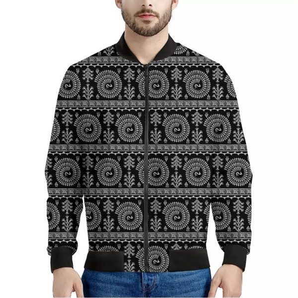 Black And White Warli Tribal Print Bomber Jacket