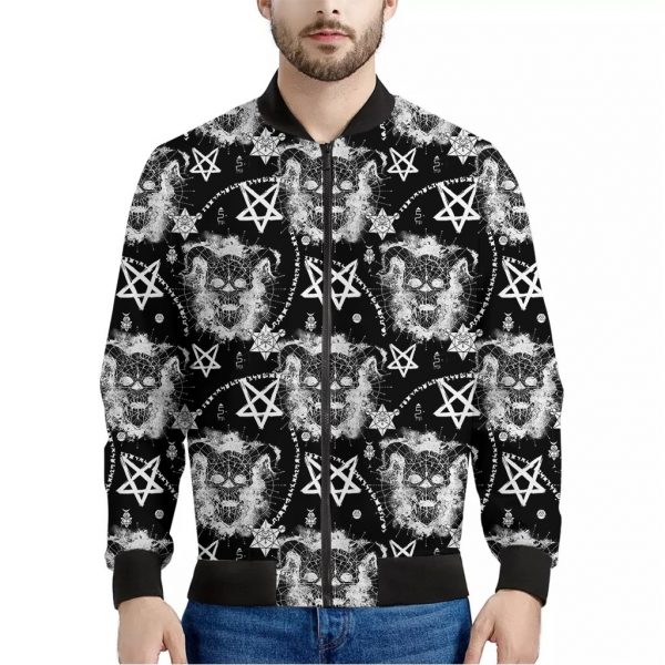 Black And White Wicca Devil Skull Print Bomber Jacket