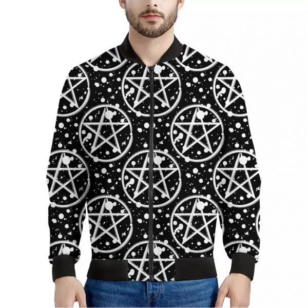 Black And White Wicca Pentagram Print Bomber Jacket