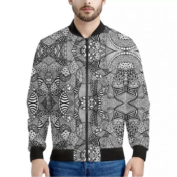 Black And White Zentangle Pattern Print Bomber Jacket