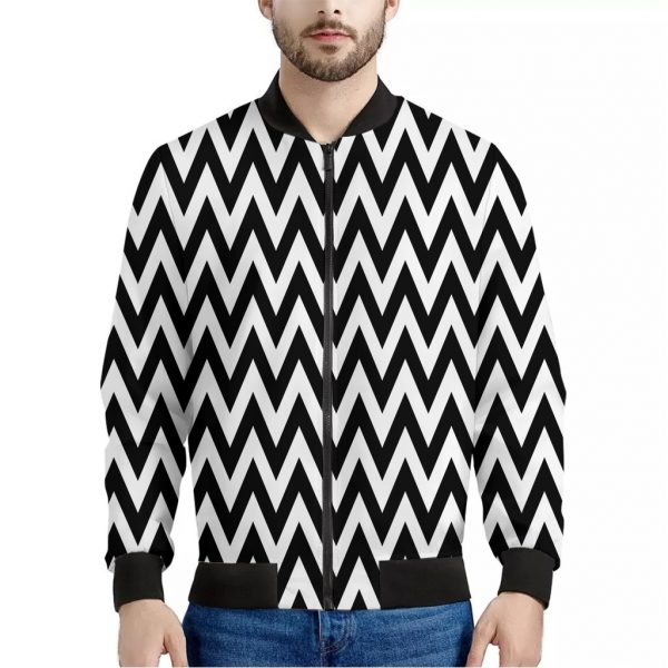 Black And White Zigzag Pattern Print Bomber Jacket