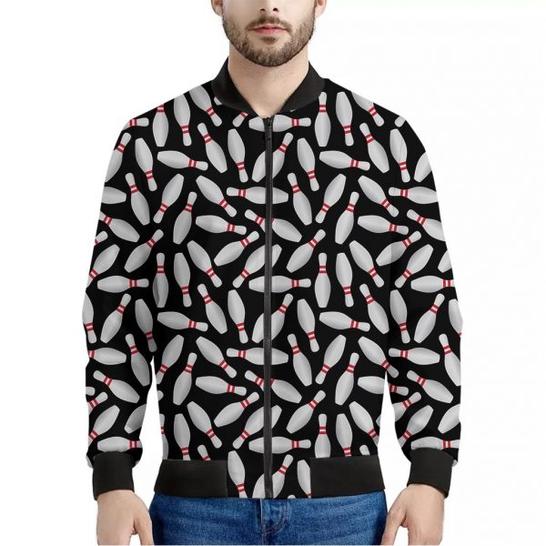 Black Bowling Pins Pattern Print Bomber Jacket