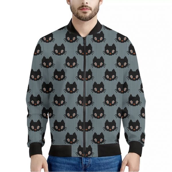 Black Cat Knitted Pattern Print Bomber Jacket