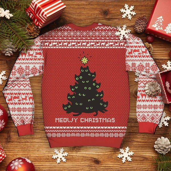 Black Cat Pine Knitting Pattern 3D Print Ugly Christmas Sweatshirt