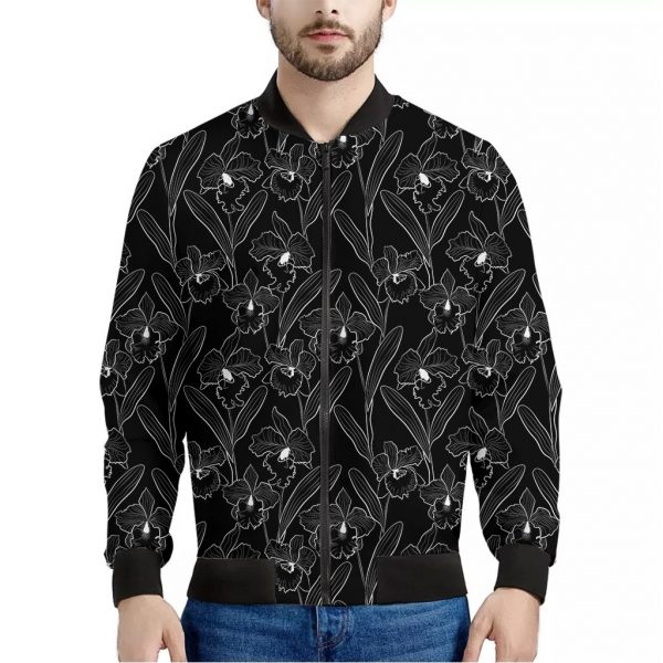 Black Cattleya Flower Pattern Print Bomber Jacket