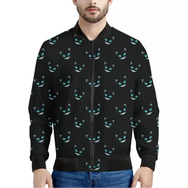Black Cheshire Cat Pattern Print Bomber Jacket