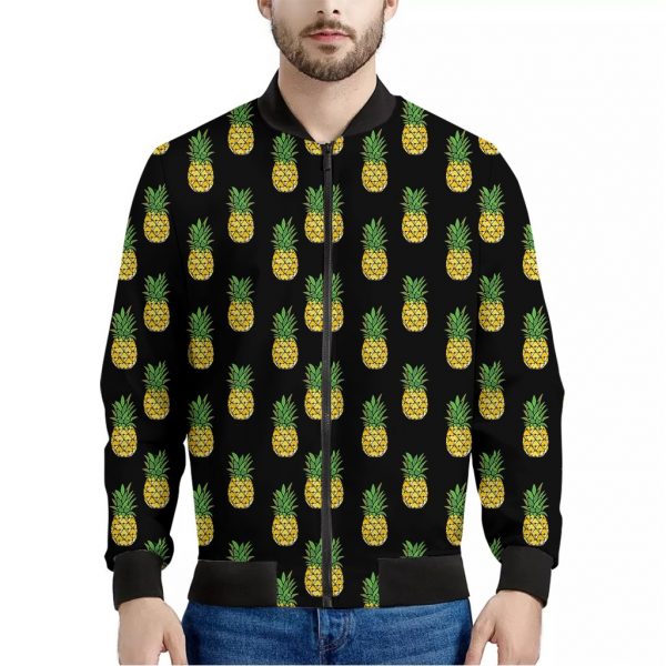 Black Cute Pineapple Pattern Print Bomber Jacket