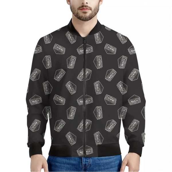 Black Doodle Sandwich Pattern Print Bomber Jacket