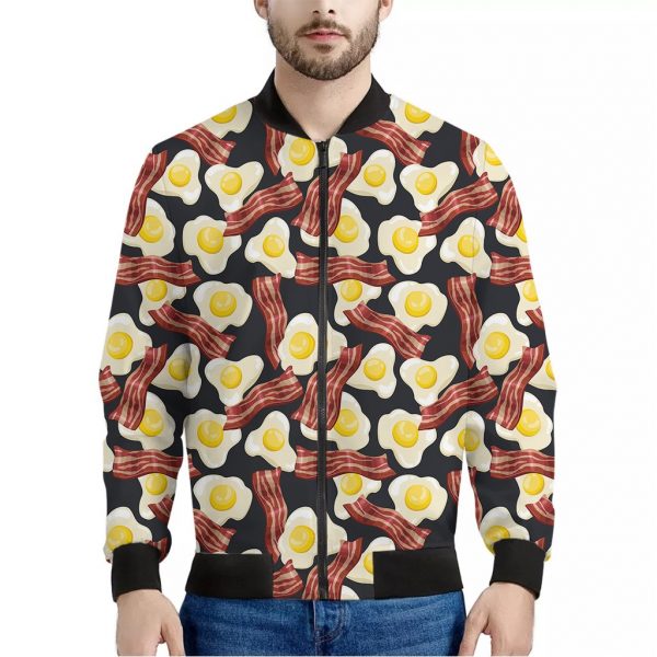 Black Fried Egg And Bacon Pattern Print Bomber Jacket