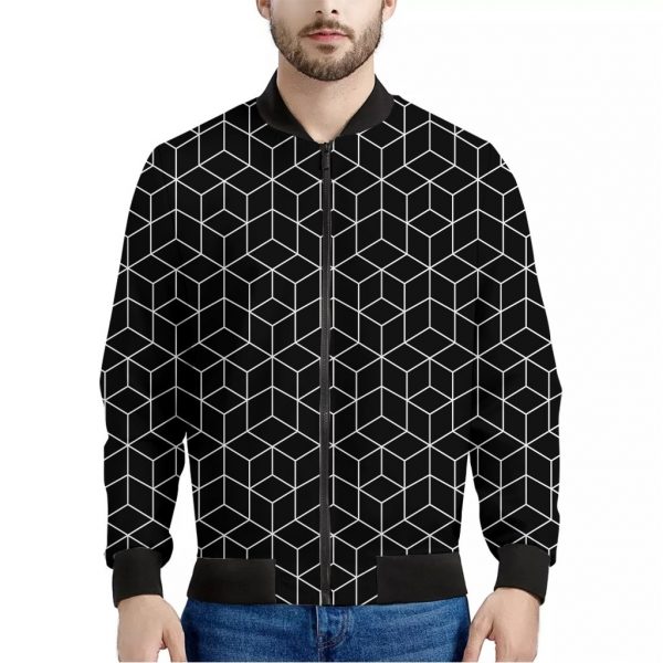 Black Geometric Cube Shape Pattern Print Bomber Jacket