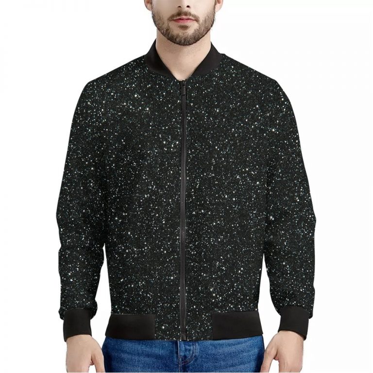 Black Glitter Texture Print Bomber Jacket