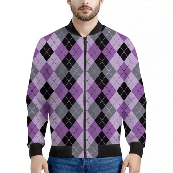 Black Grey And Violet Argyle Print Bomber Jacket