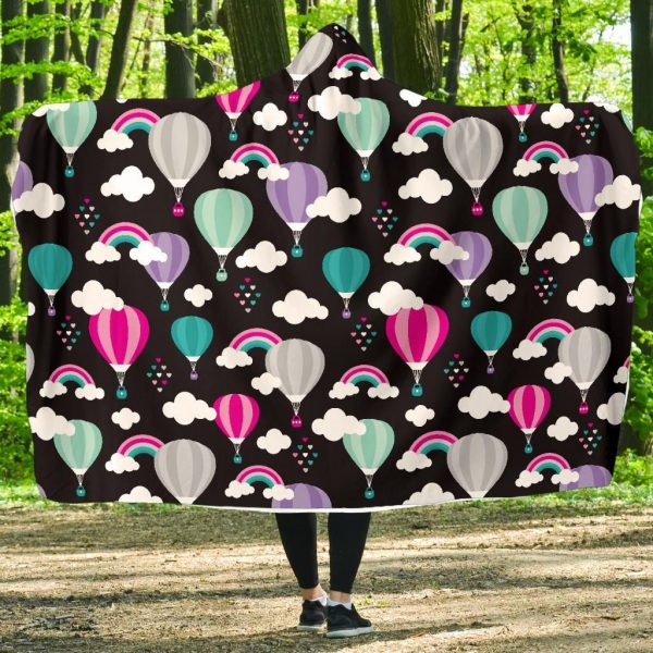 Black Hot Air Balloon Pattern Print Hooded Blanket Cloak Blanket