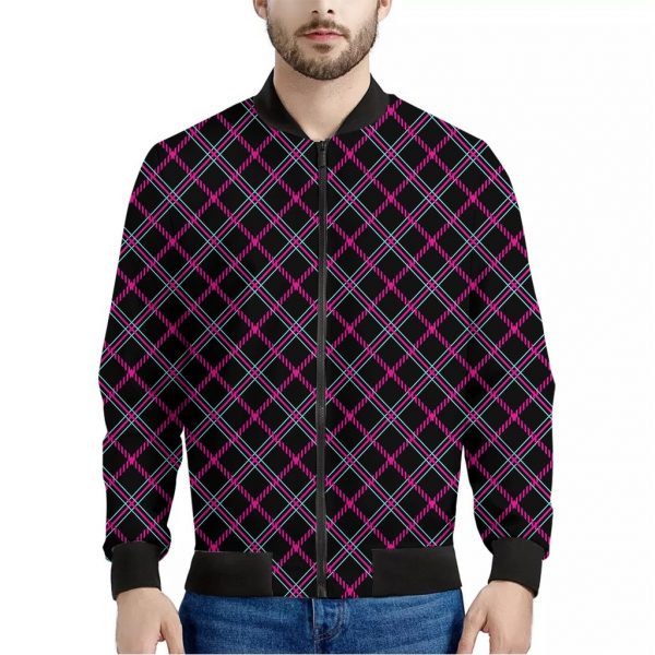 Black Pink And Blue Tartan Pattern Print Bomber Jacket
