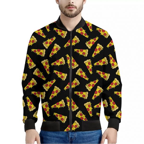 Black Pizza Pattern Print Bomber Jacket