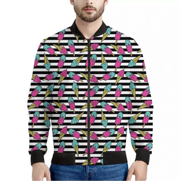 Black Striped Ice Cream Pattern Print Bomber Jacket