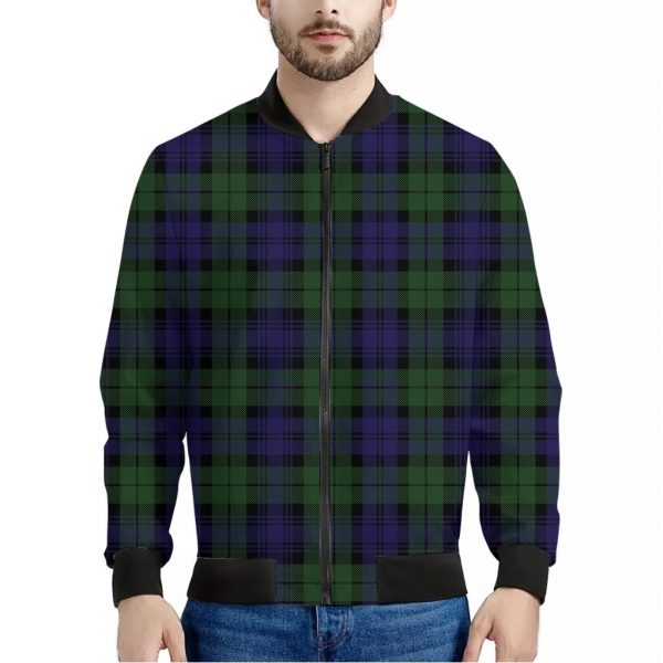 Black Watch Tartan Pattern Print Bomber Jacket