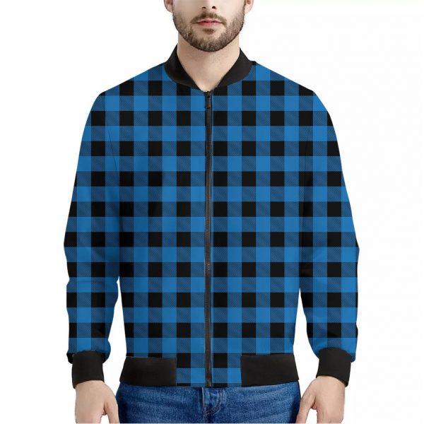 Blue And Black Buffalo Check Print Bomber Jacket