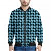 Blue And Black Houndstooth Pattern Print Bomber Jacket