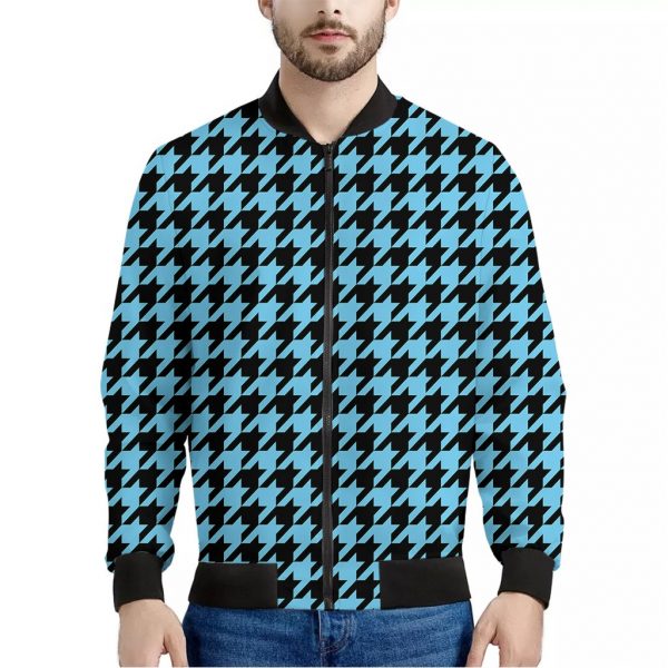 Blue And Black Houndstooth Pattern Print Bomber Jacket