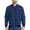 Blue And Black Houndstooth Print Bomber Jacket