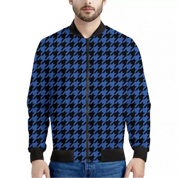Blue And Black Houndstooth Print Bomber Jacket