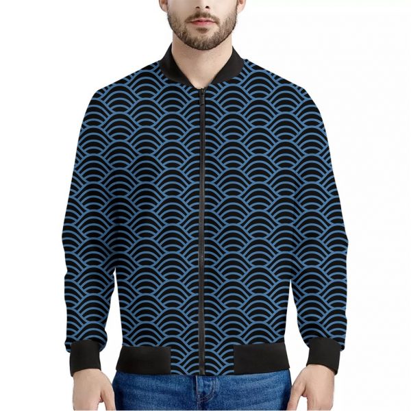 Blue And Black Japanese Pattern Print Bomber Jacket