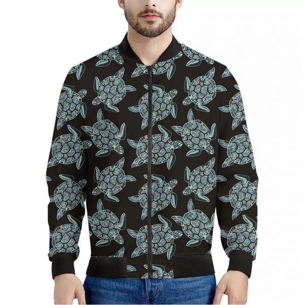 Blue And Black Sea Turtle Pattern Print Bomber Jacket