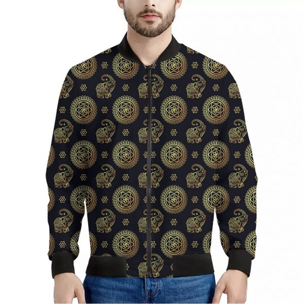 Blue And Gold Tribal Elephant Print Bomber Jacket