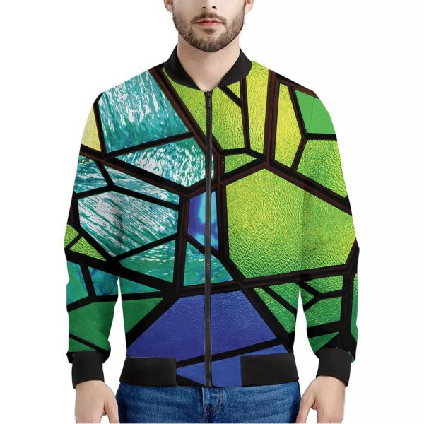 Blue And Green Stained Glass Print Bomber Jacket