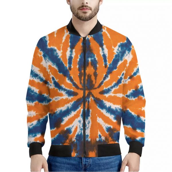 Blue And Orange Spider Tie Dye Print Bomber Jacket