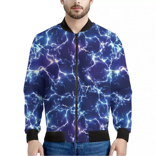 Blue And Purple Lightning Print Bomber Jacket