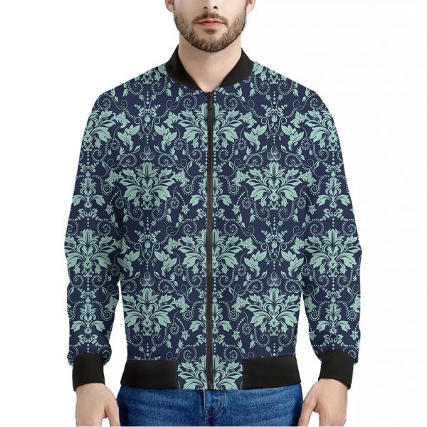 Blue And Teal Damask Pattern Print Bomber Jacket
