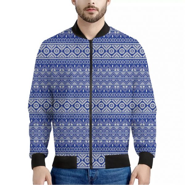 Blue And White African Pattern Print Bomber Jacket