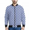Blue And White Checkered Pattern Print Bomber Jacket