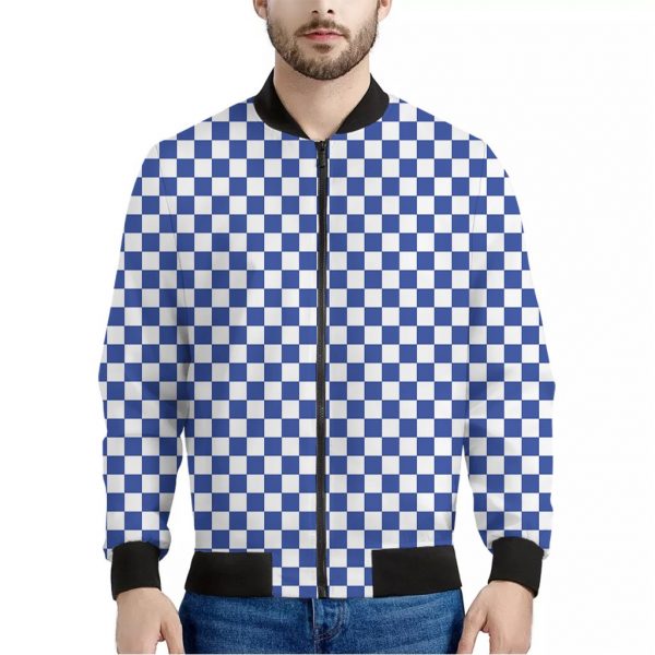 Blue And White Checkered Pattern Print Bomber Jacket