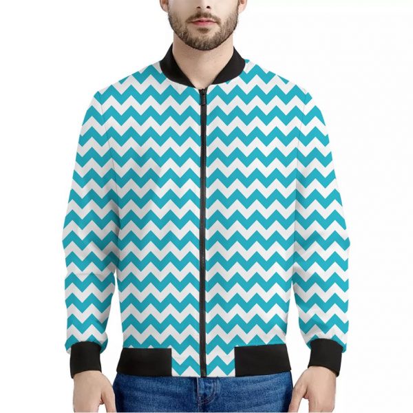 Blue And White Chevron Pattern Print Bomber Jacket