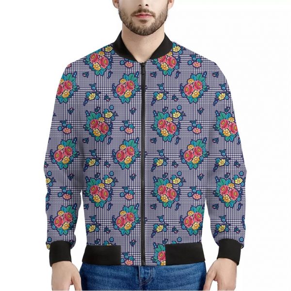 Blue And White Floral Glen Plaid Print Bomber Jacket