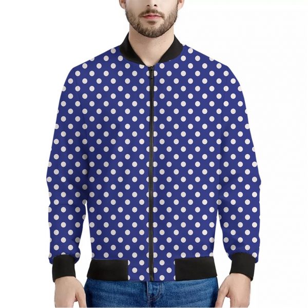 Blue And White Polka Dot Pattern Print Bomber Jacket