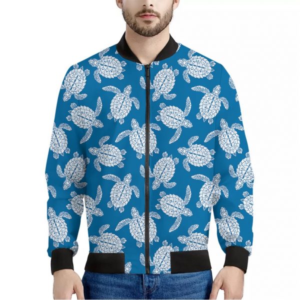 Blue And White Sea Turtle Pattern Print Bomber Jacket