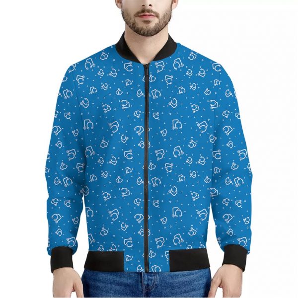 Blue And White Stethoscope Pattern Print Bomber Jacket