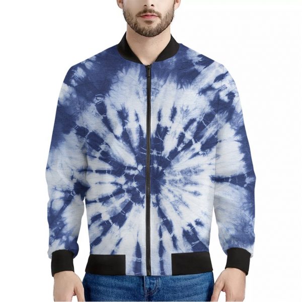 Blue And White Tie Dye Print Bomber Jacket