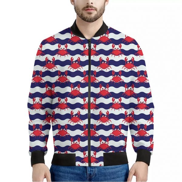 Blue And White Wave Crab Pattern Print Bomber Jacket