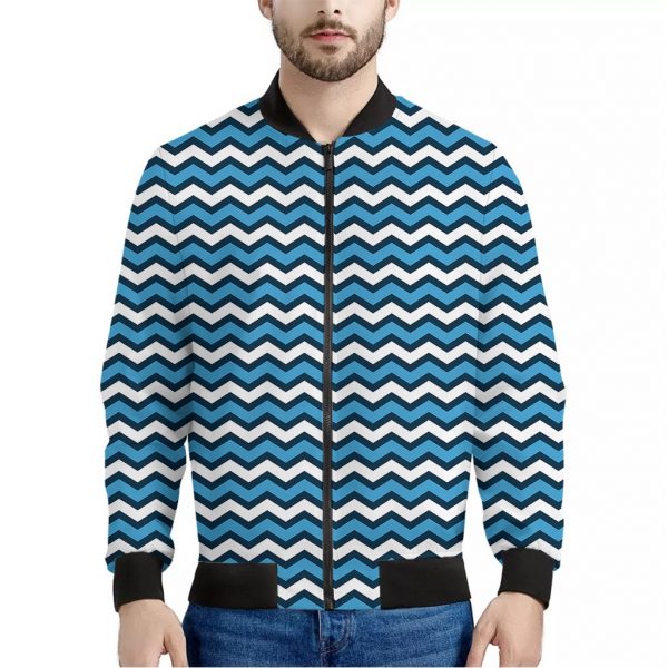Blue And White Zigzag Pattern Print Bomber Jacket