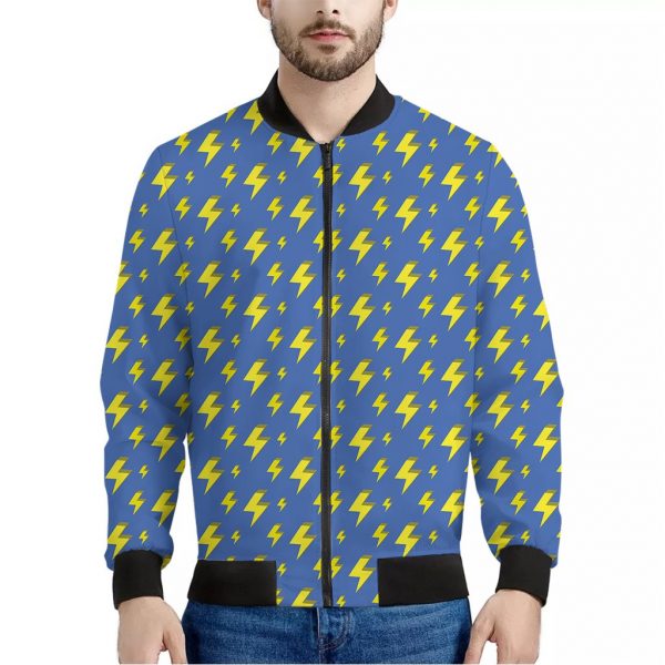 Blue And Yellow Lightning Pattern Print Bomber Jacket