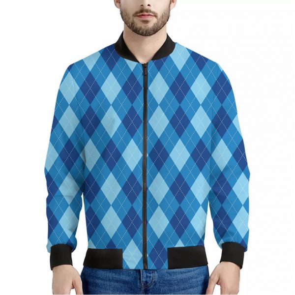 Blue Argyle Pattern Print Bomber Jacket