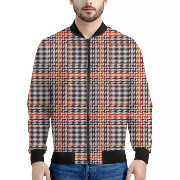 Blue Beige And Orange Glen Plaid Print Bomber Jacket