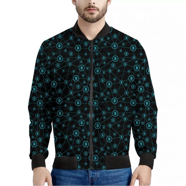 Blue Bitcoin Pattern Print Bomber Jacket